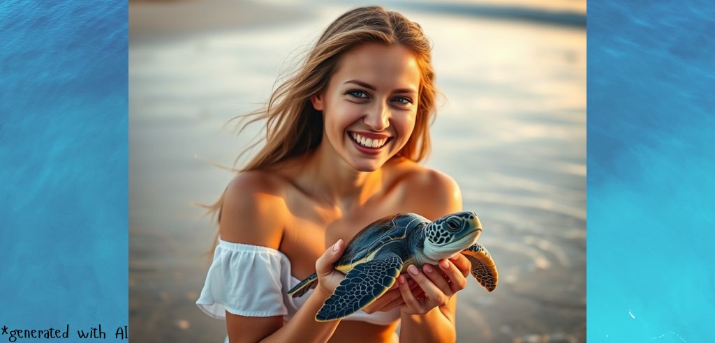 happy girl with a sea turtle